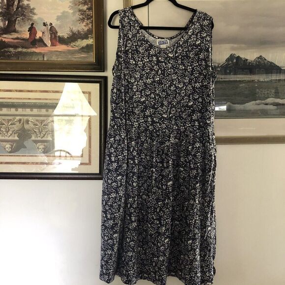 Laura Tyler Blue White Floral Sleeveless Maxi Long Dress Modest 1X Vtg A2615 - Picture 1 of 5